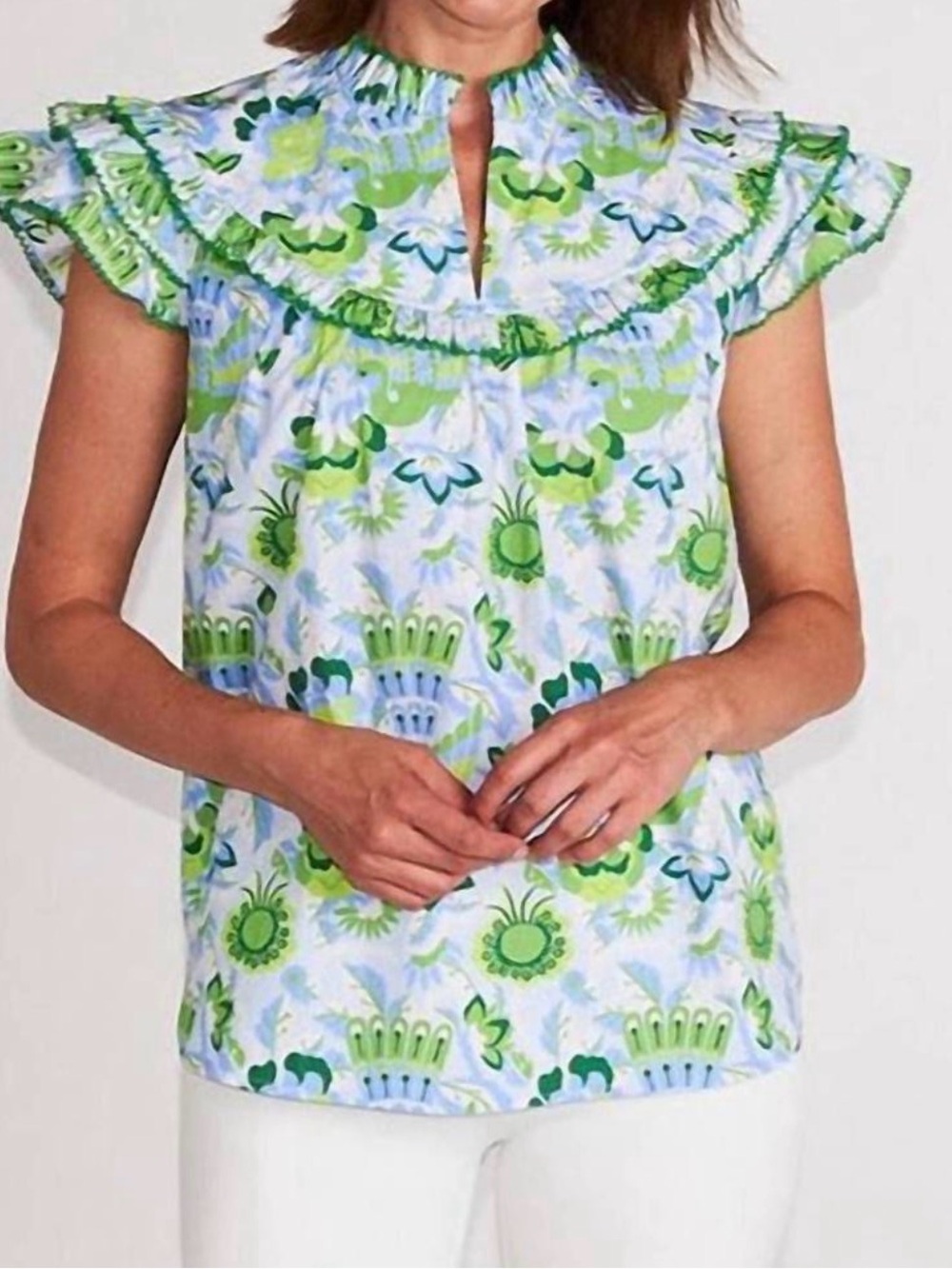 CK Bradley Women’s Green Floral Ruffle Yoke Blouse